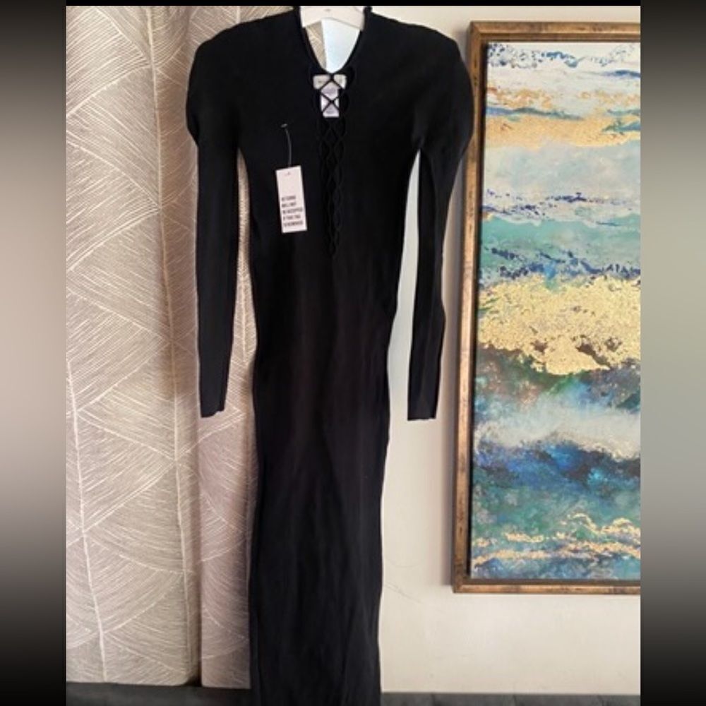 Bumpsuit Stretch Cutout Midi Dress Black  neckline Long Sleeve One Size NEW